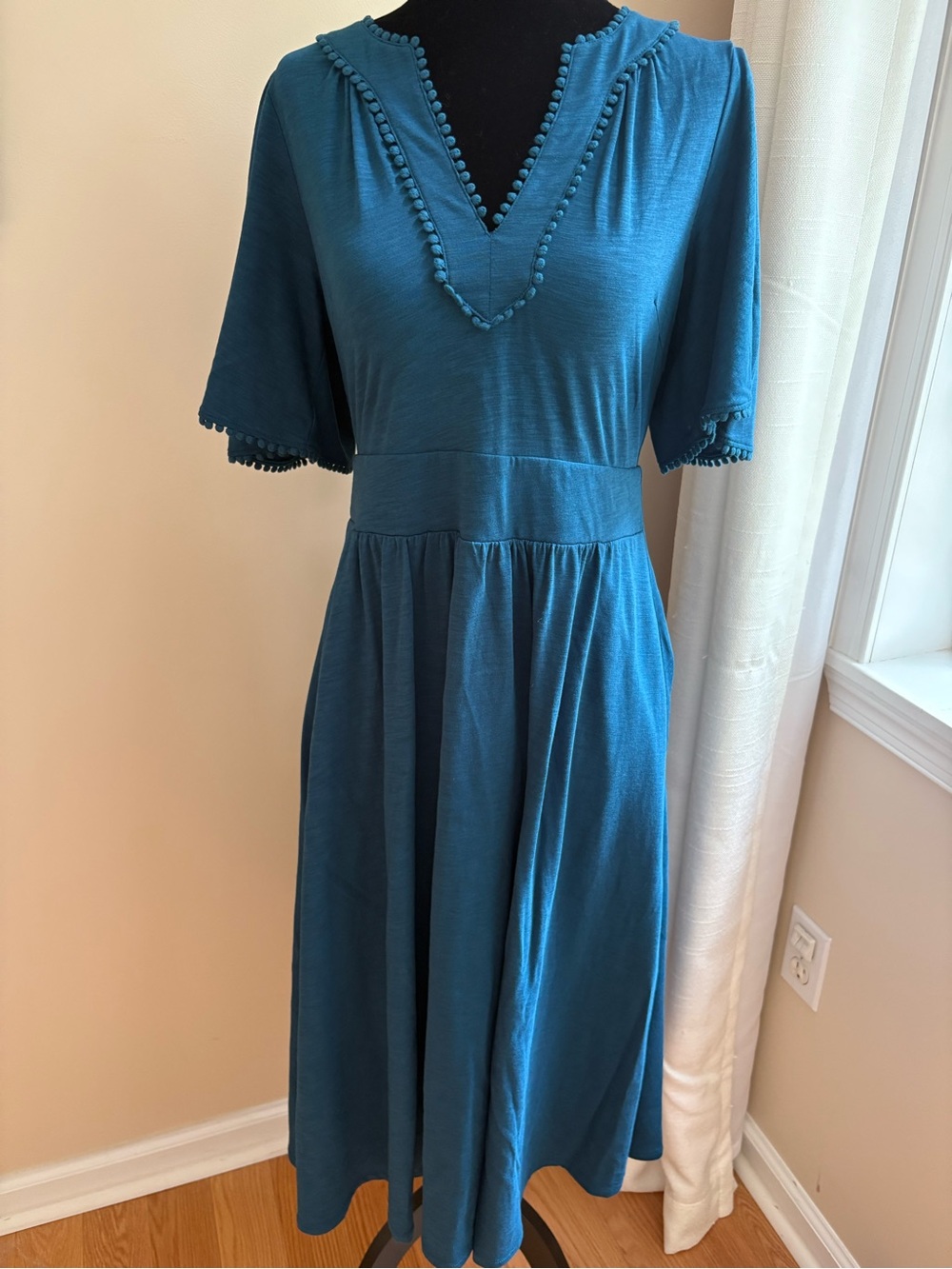 NWT Boden Teal V-Neck Midi Dress with Pom Trim